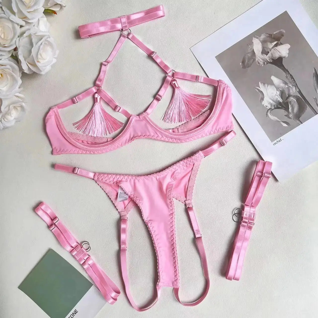 Conjunto de sujetador negro de 3 piezas para mujer, conjunto de lencería de malla transparente con retazos, conjunto de ropa interior Sexy para mujer - SYN PERU