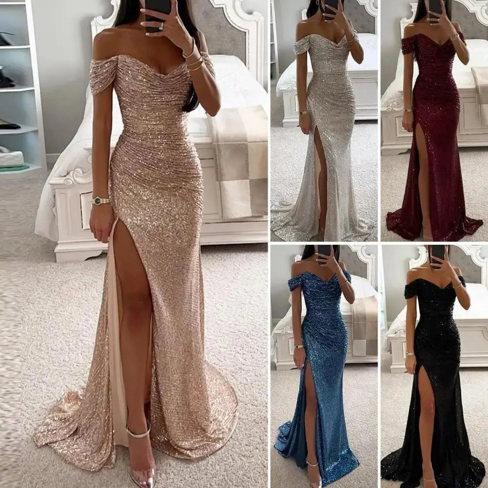 2025 elegante vestido con hombros descubiertos, vestido con cuello en V, lentejuelas plisadas, manga corta, cintura ajustada, Maxi vestido de fiesta de noche dividido - SYN PERU