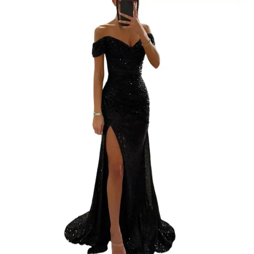 2025 elegante vestido con hombros descubiertos, vestido con cuello en V, lentejuelas plisadas, manga corta, cintura ajustada, Maxi vestido de fiesta de noche dividido - SYN PERU