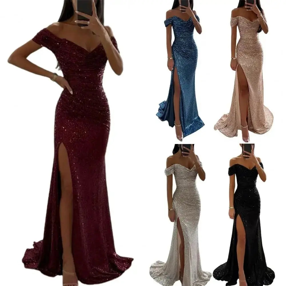 2025 elegante vestido con hombros descubiertos, vestido con cuello en V, lentejuelas plisadas, manga corta, cintura ajustada, Maxi vestido de fiesta de noche dividido - SYN PERU