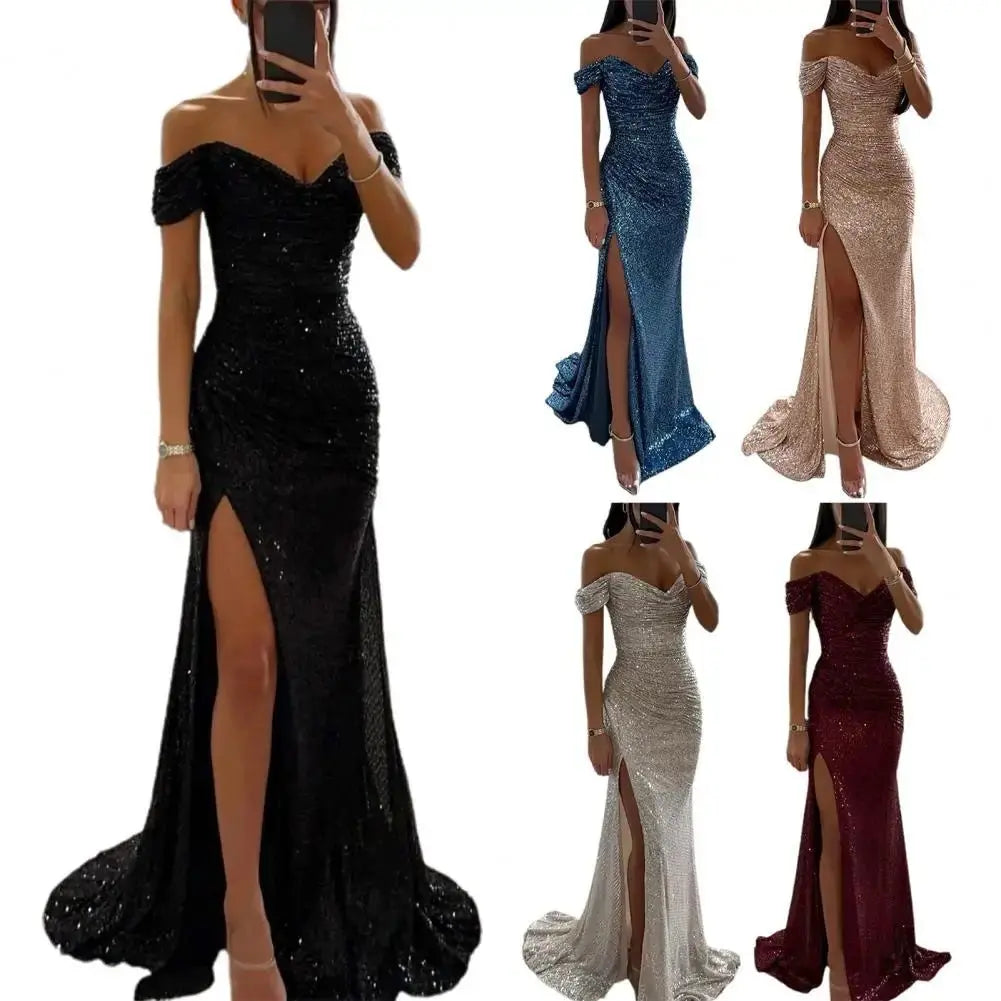 2025 elegante vestido con hombros descubiertos, vestido con cuello en V, lentejuelas plisadas, manga corta, cintura ajustada, Maxi vestido de fiesta de noche dividido - SYN PERU