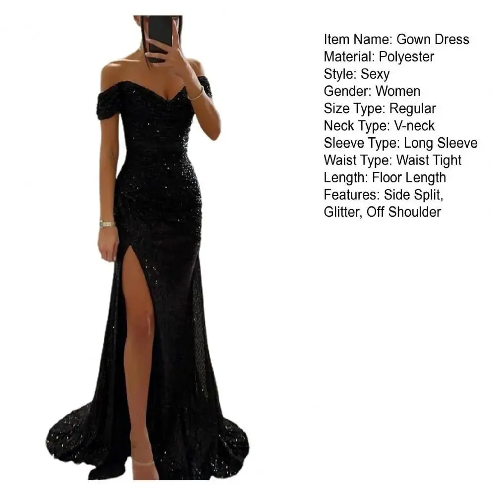 2025 elegante vestido con hombros descubiertos, vestido con cuello en V, lentejuelas plisadas, manga corta, cintura ajustada, Maxi vestido de fiesta de noche dividido - SYN PERU