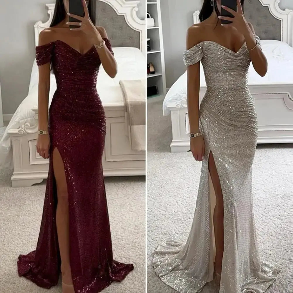 2025 elegante vestido con hombros descubiertos, vestido con cuello en V, lentejuelas plisadas, manga corta, cintura ajustada, Maxi vestido de fiesta de noche dividido - SYN PERU