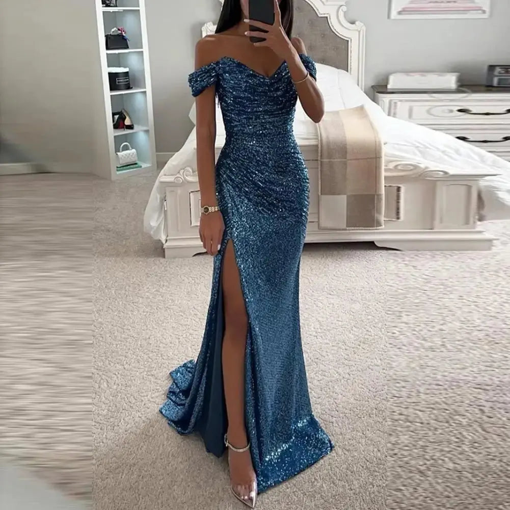 2025 elegante vestido con hombros descubiertos, vestido con cuello en V, lentejuelas plisadas, manga corta, cintura ajustada, Maxi vestido de fiesta de noche dividido - SYN PERU