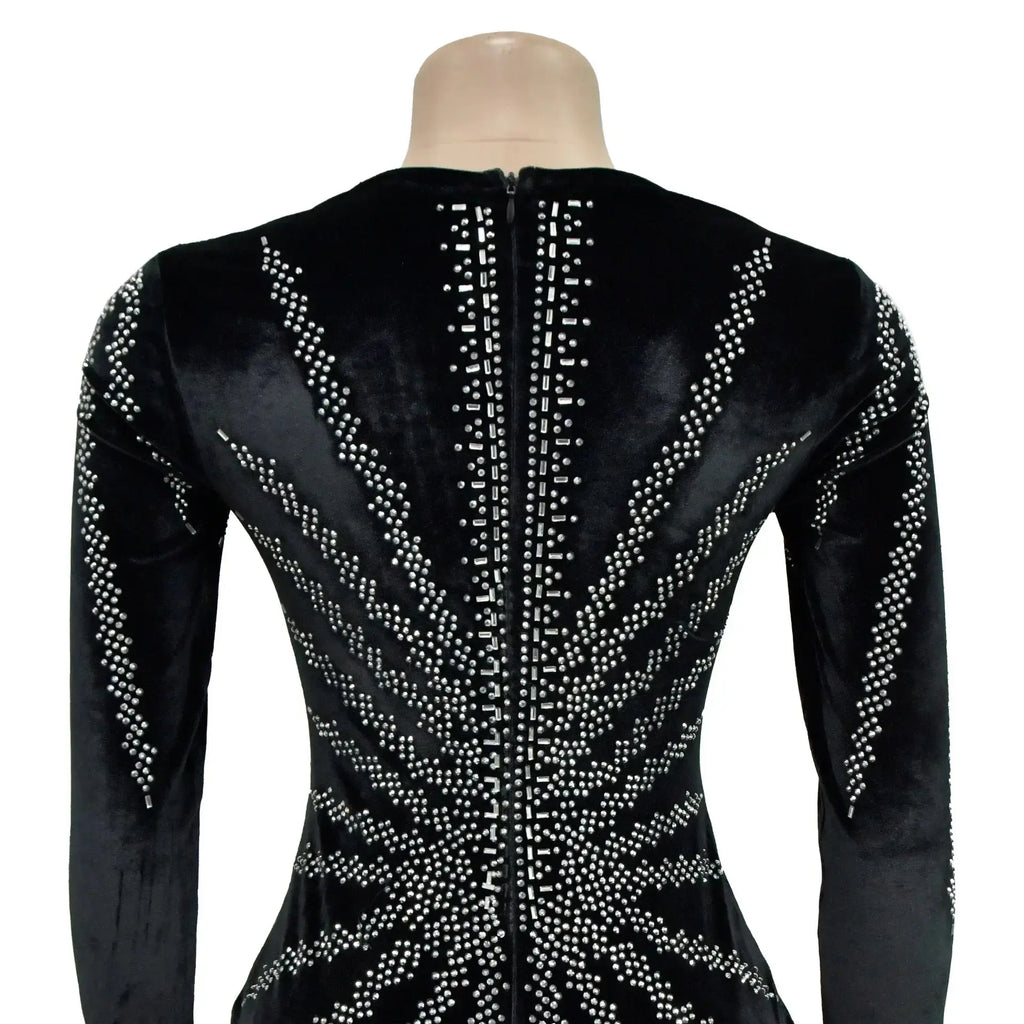 2025 elegante vestido de fiesta largo de terciopelo con diamantes para mujer, vestido de noche Sexy con escote en V profundo, vestido Formal negro ajustado - SYN PERU