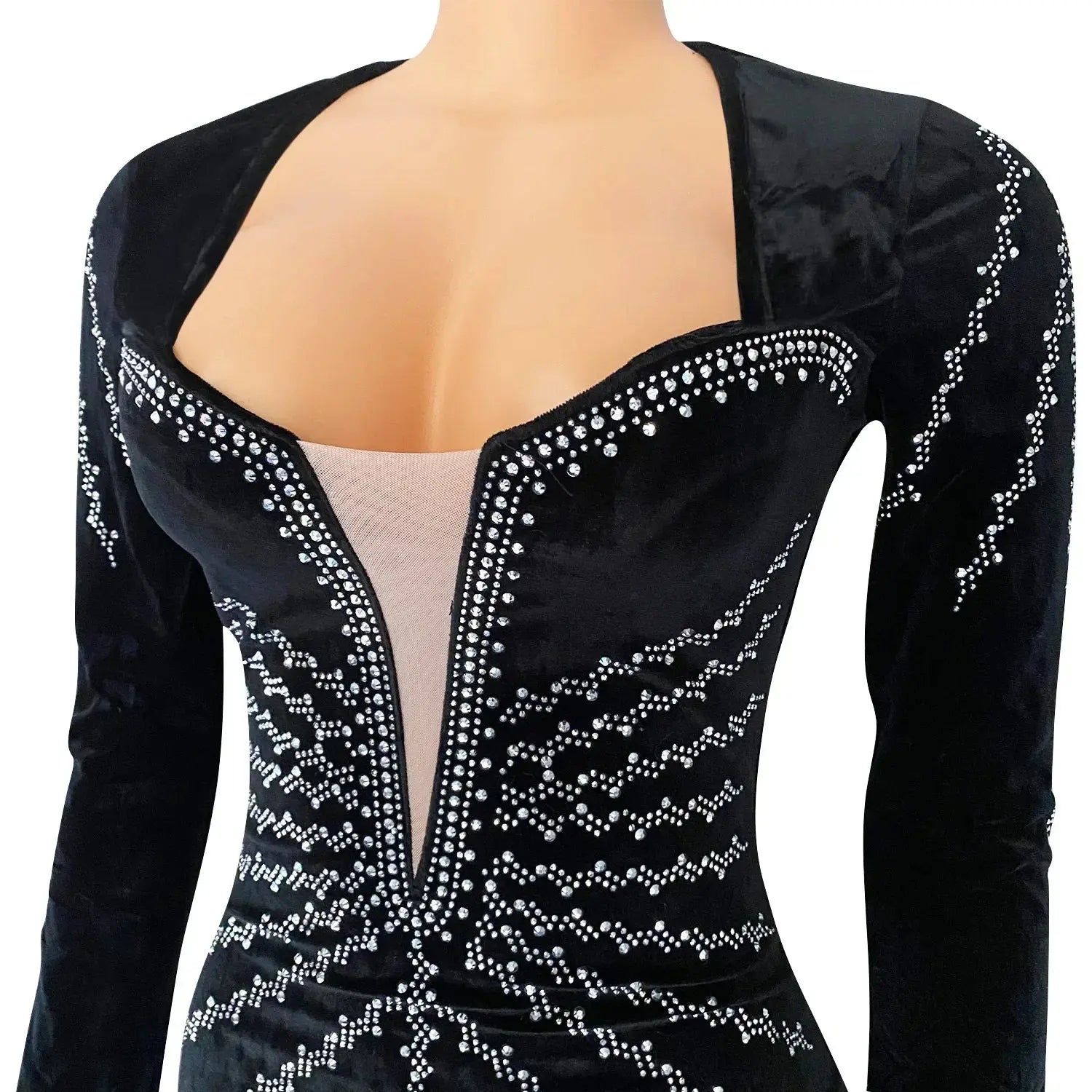 2025 elegante vestido de fiesta largo de terciopelo con diamantes para mujer, vestido de noche Sexy con escote en V profundo, vestido Formal negro ajustado - SYN PERU