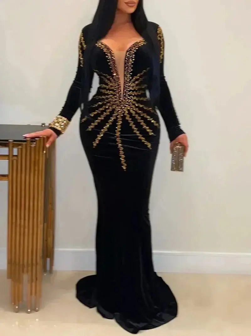 2025 elegante vestido de fiesta largo de terciopelo con diamantes para mujer, vestido de noche Sexy con escote en V profundo, vestido Formal negro ajustado - SYN PERU