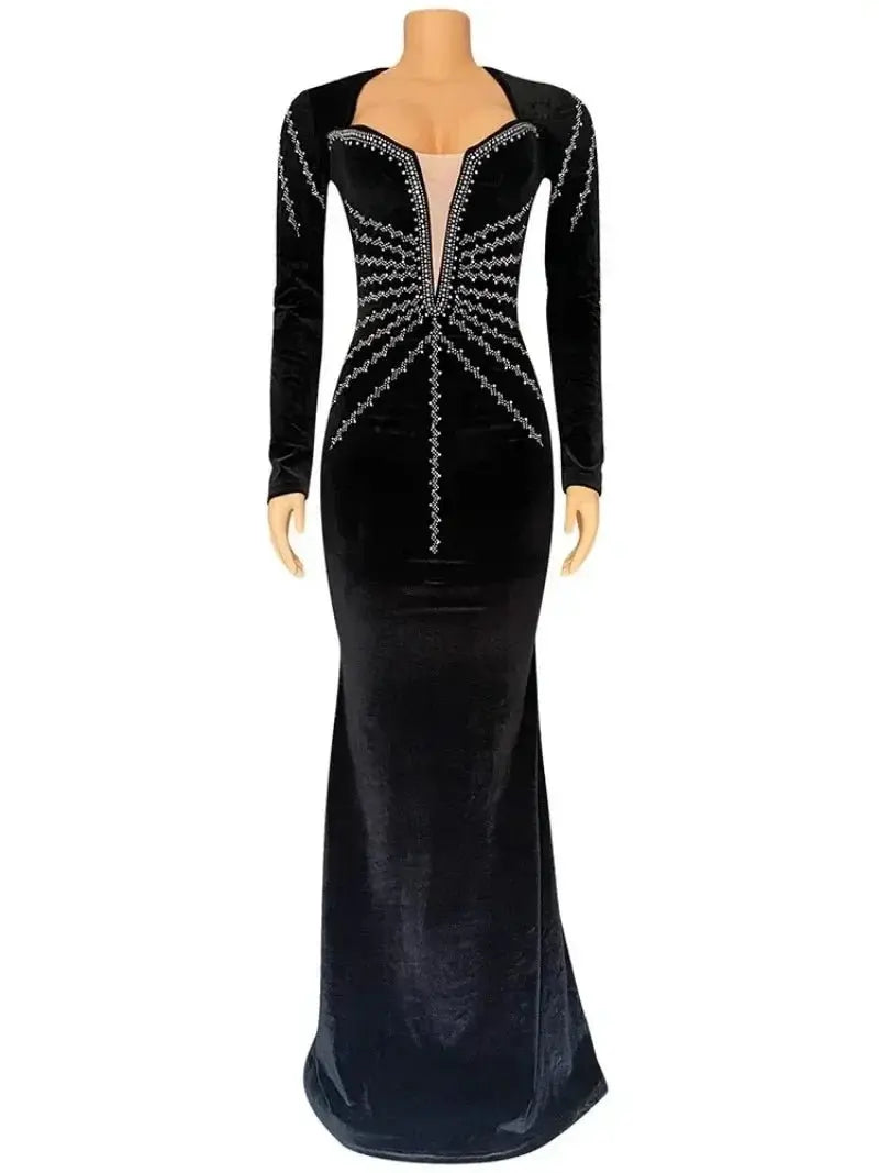 2025 elegante vestido de fiesta largo de terciopelo con diamantes para mujer, vestido de noche Sexy con escote en V profundo, vestido Formal negro ajustado - SYN PERU