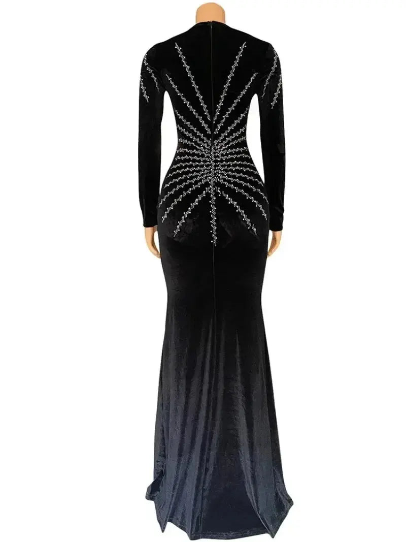 2025 elegante vestido de fiesta largo de terciopelo con diamantes para mujer, vestido de noche Sexy con escote en V profundo, vestido Formal negro ajustado - SYN PERU
