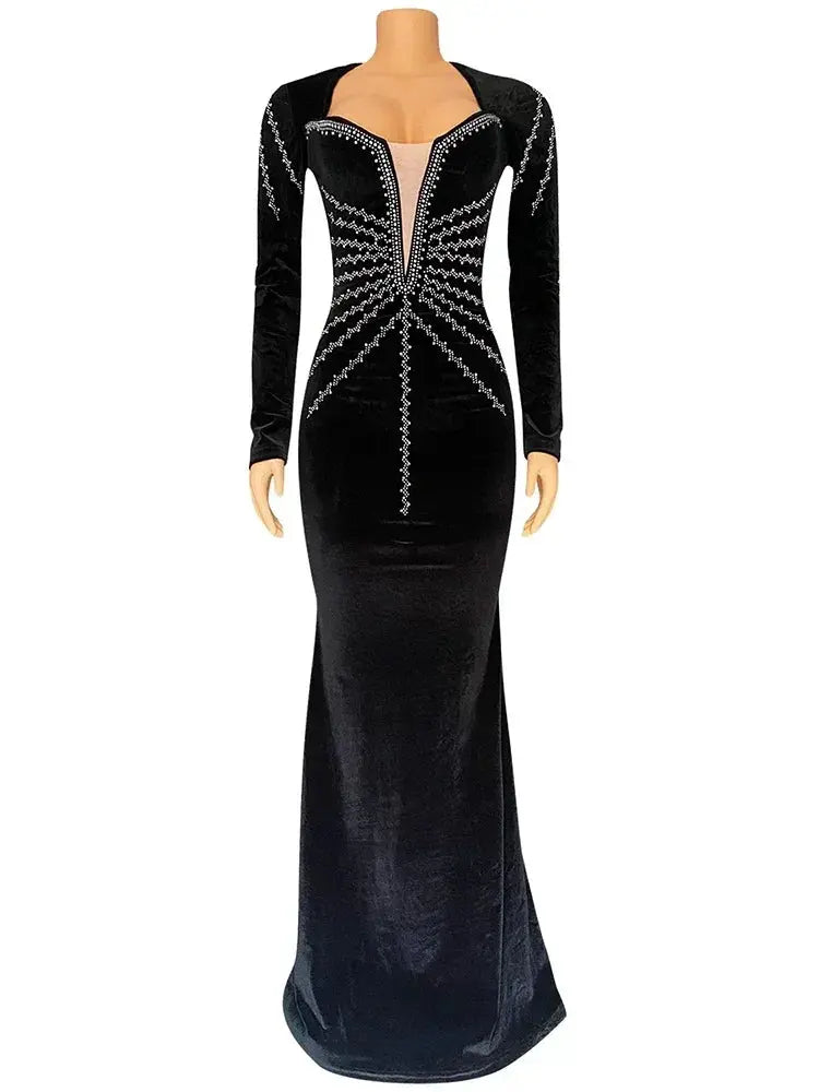 2025 elegante vestido de fiesta largo de terciopelo con diamantes para mujer, vestido de noche Sexy con escote en V profundo, vestido Formal negro ajustado - SYN PERU