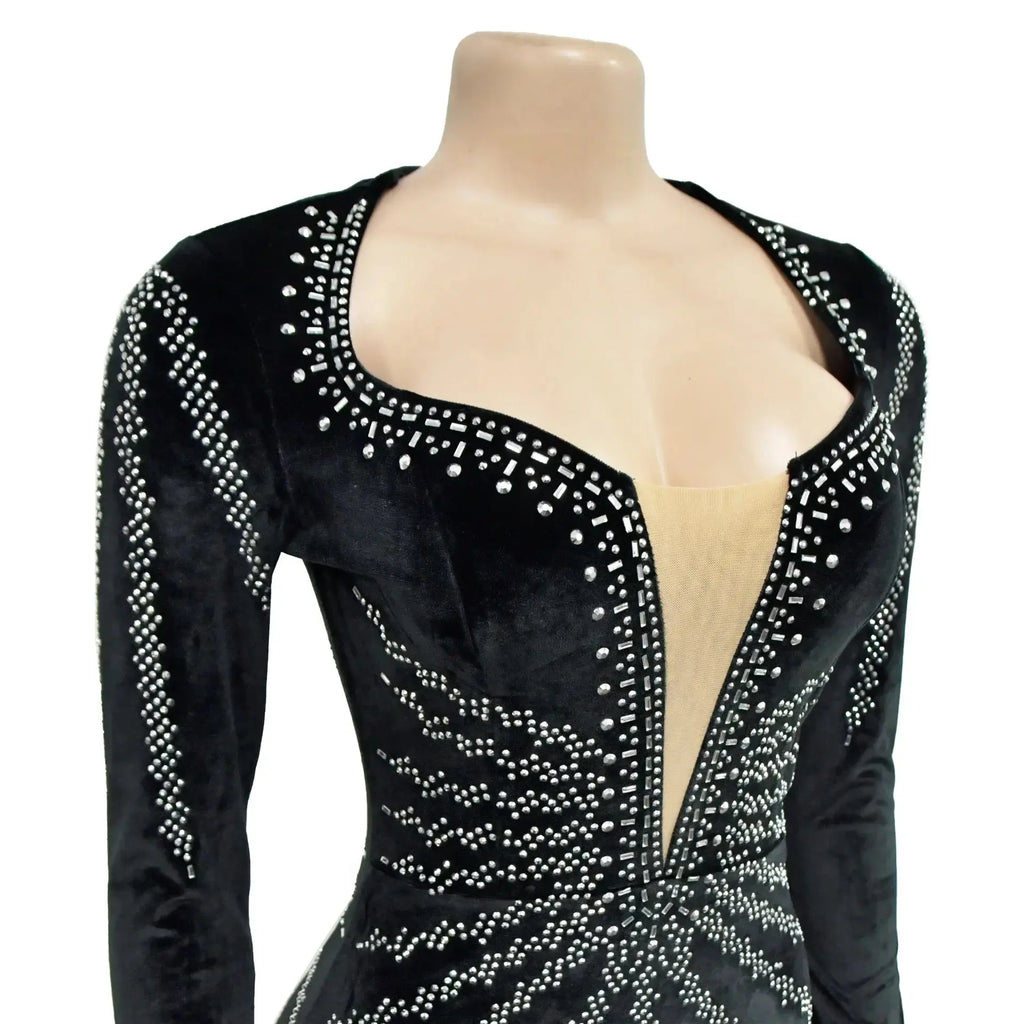 2025 elegante vestido de fiesta largo de terciopelo con diamantes para mujer, vestido de noche Sexy con escote en V profundo, vestido Formal negro ajustado - SYN PERU