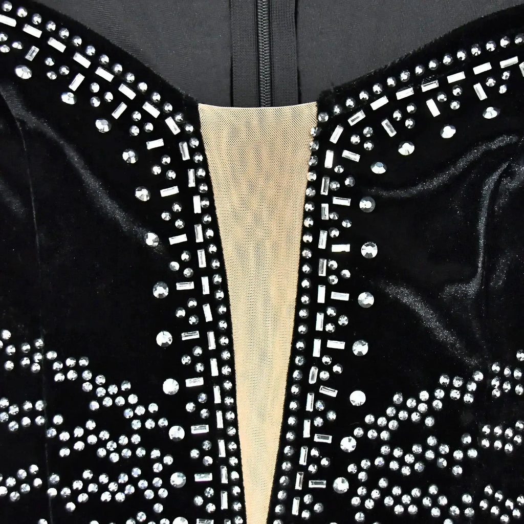 2025 elegante vestido de fiesta largo de terciopelo con diamantes para mujer, vestido de noche Sexy con escote en V profundo, vestido Formal negro ajustado - SYN PERU