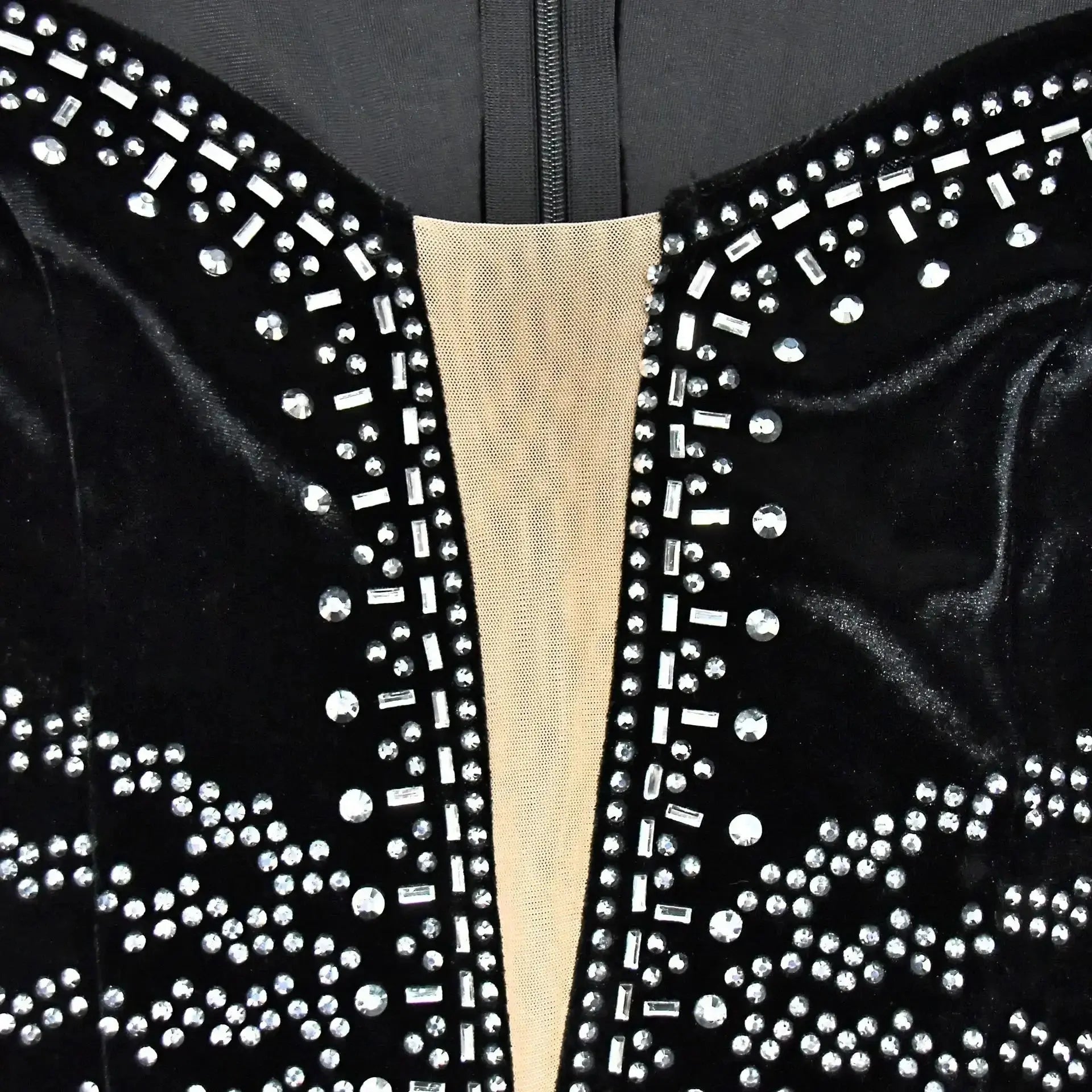 2025 elegante vestido de fiesta largo de terciopelo con diamantes para mujer, vestido de noche Sexy con escote en V profundo, vestido Formal negro ajustado - SYN PERU