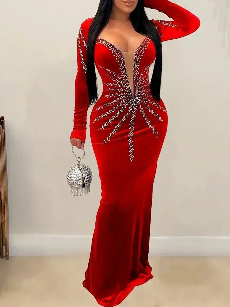 2025 elegante vestido de fiesta largo de terciopelo con diamantes para mujer, vestido de noche Sexy con escote en V profundo, vestido Formal negro ajustado - SYN PERU