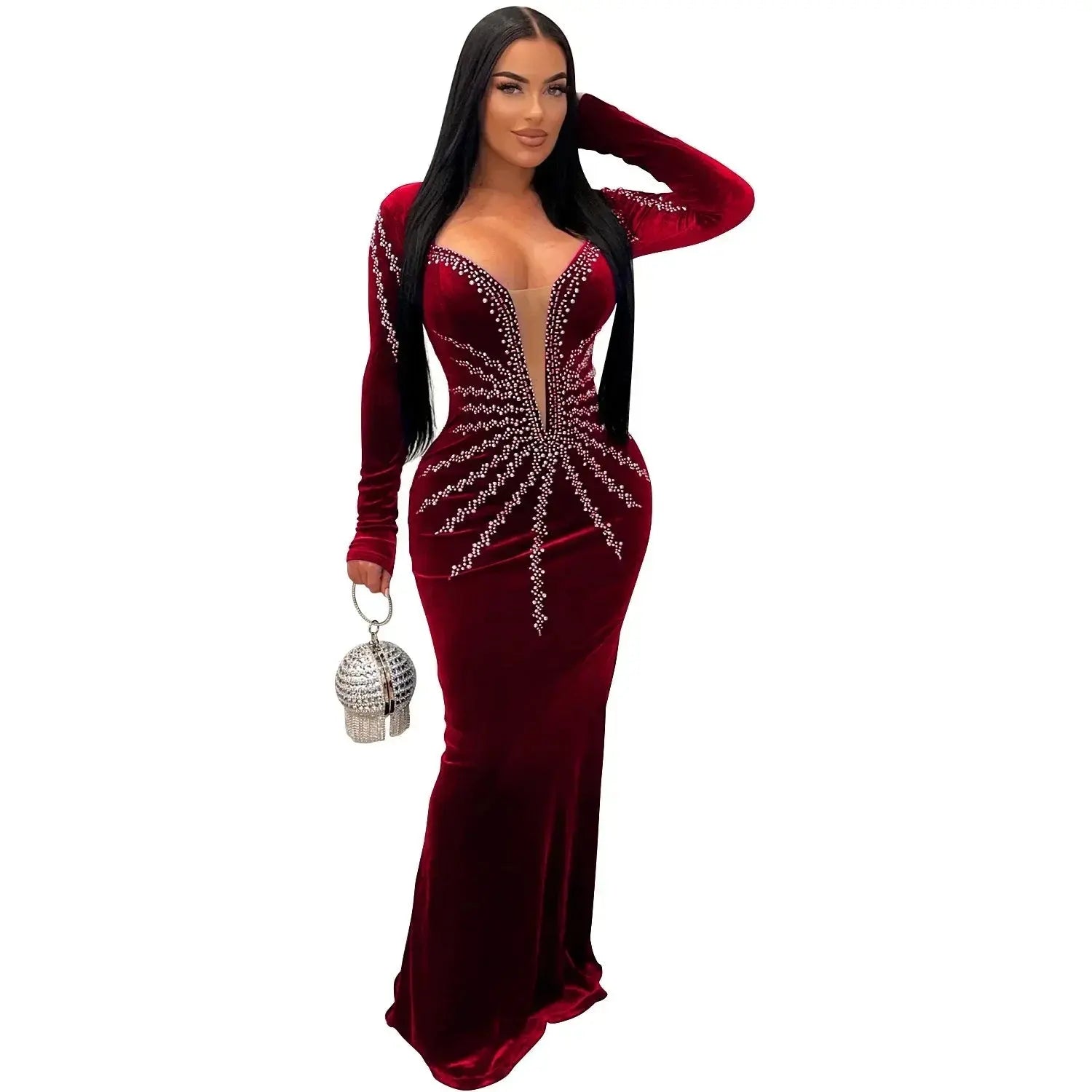 2025 elegante vestido de fiesta largo de terciopelo con diamantes para mujer, vestido de noche Sexy con escote en V profundo, vestido Formal negro ajustado - SYN PERU