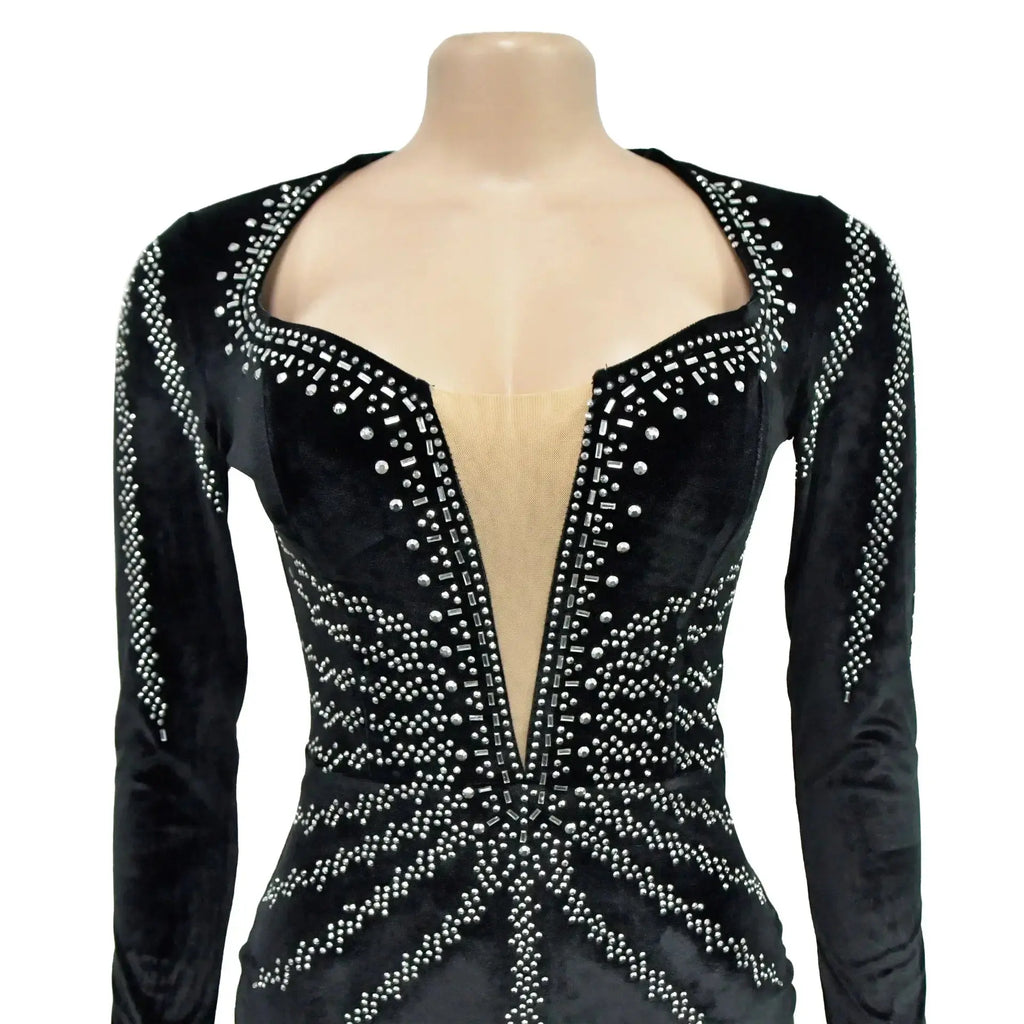 2025 elegante vestido de fiesta largo de terciopelo con diamantes para mujer, vestido de noche Sexy con escote en V profundo, vestido Formal negro ajustado - SYN PERU