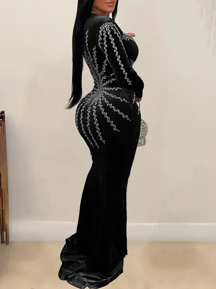 2025 elegante vestido de fiesta largo de terciopelo con diamantes para mujer, vestido de noche Sexy con escote en V profundo, vestido Formal negro ajustado - SYN PERU