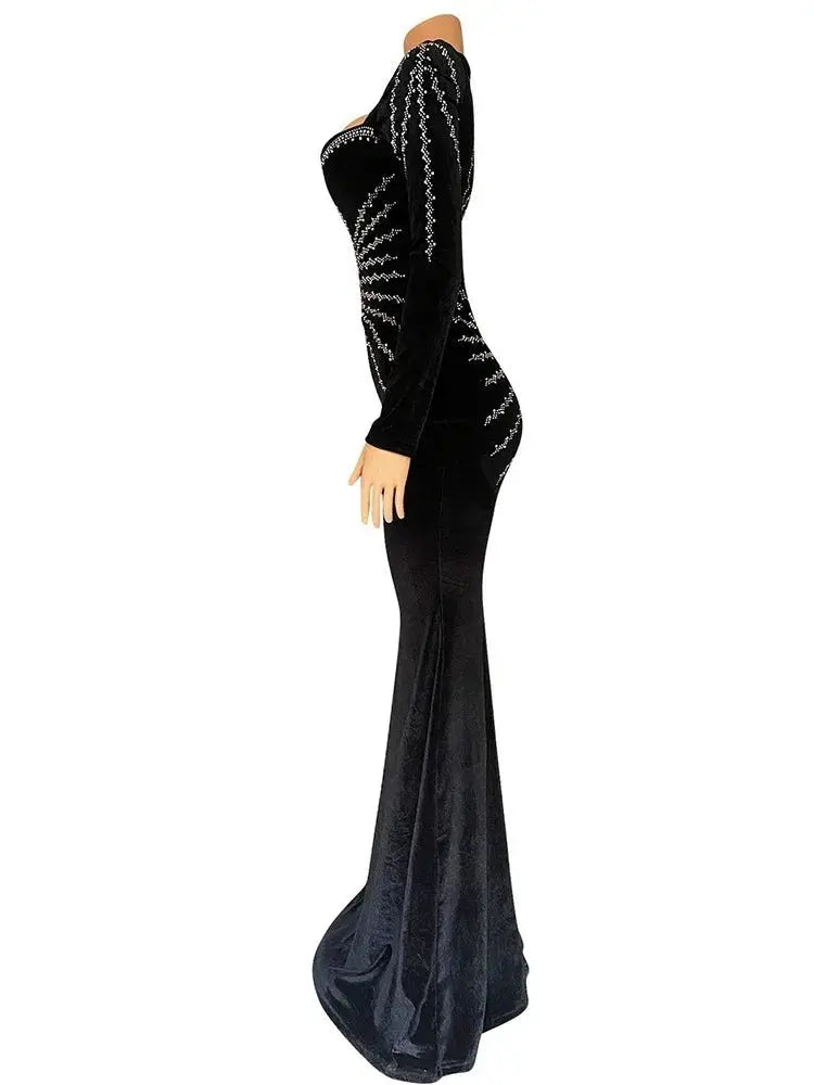 2025 elegante vestido de fiesta largo de terciopelo con diamantes para mujer, vestido de noche Sexy con escote en V profundo, vestido Formal negro ajustado - SYN PERU