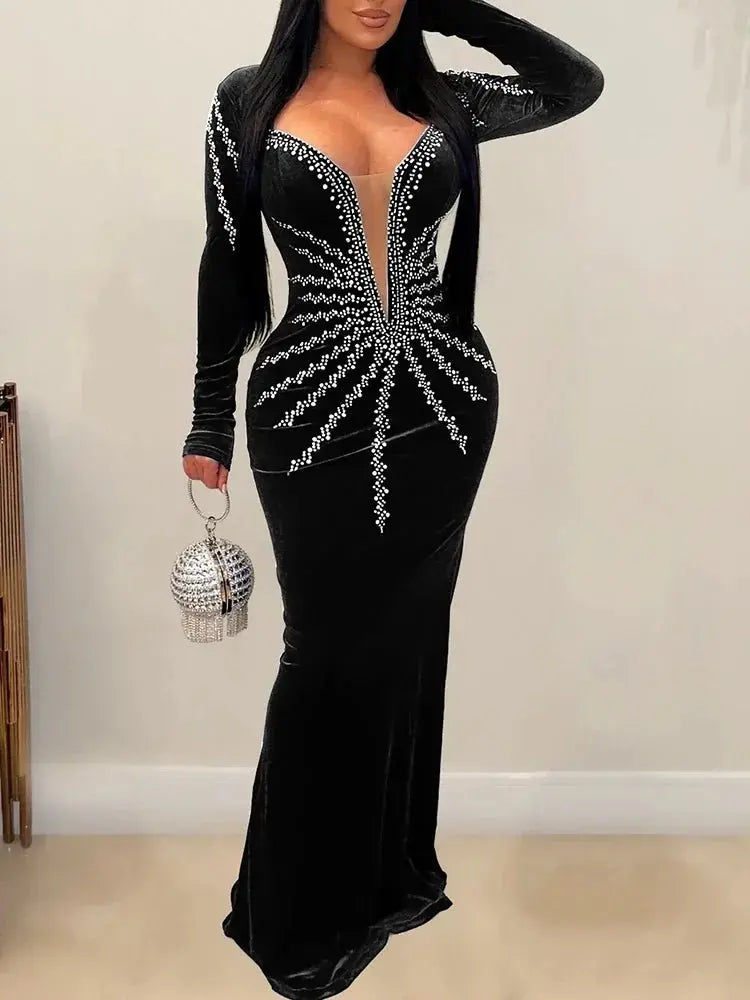 2025 elegante vestido de fiesta largo de terciopelo con diamantes para mujer, vestido de noche Sexy con escote en V profundo, vestido Formal negro ajustado - SYN PERU