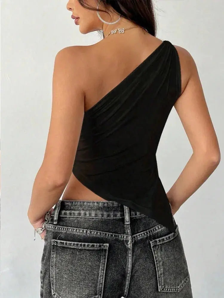 2025 nueva camiseta informal de moda para mujer Color sólido un solo hombro asimétrico ajustado Top cuello de una sola pieza - SYN PERU