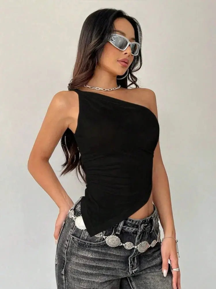 2025 nueva camiseta informal de moda para mujer Color sólido un solo hombro asimétrico ajustado Top cuello de una sola pieza - SYN PERU