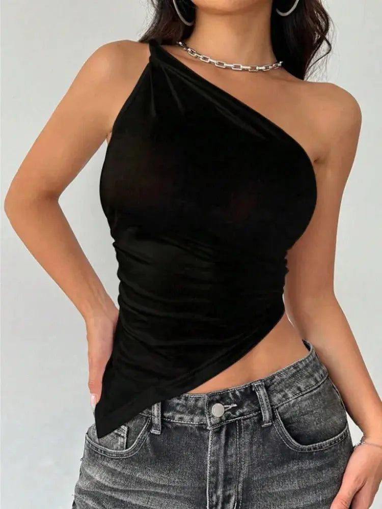 2025 nueva camiseta informal de moda para mujer Color sólido un solo hombro asimétrico ajustado Top cuello de una sola pieza - SYN PERU