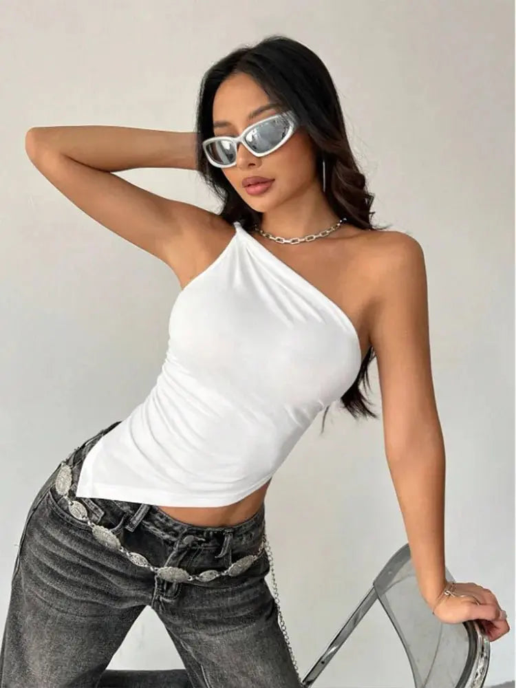 2025 nueva camiseta informal de moda para mujer Color sólido un solo hombro asimétrico ajustado Top cuello de una sola pieza - SYN PERU