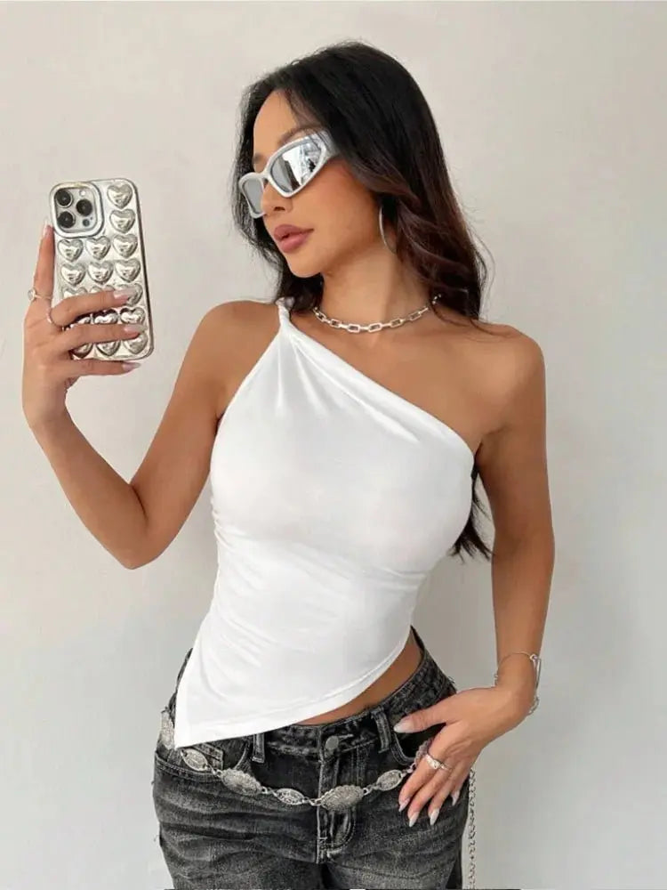 2025 nueva camiseta informal de moda para mujer Color sólido un solo hombro asimétrico ajustado Top cuello de una sola pieza - SYN PERU