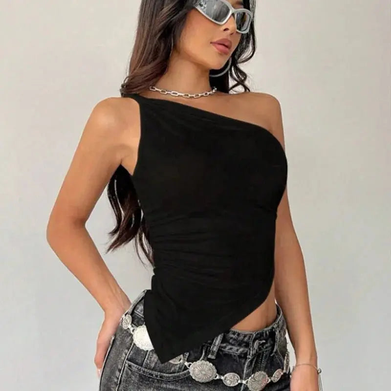 2025 nueva camiseta informal de moda para mujer Color sólido un solo hombro asimétrico ajustado Top cuello de una sola pieza - SYN PERU