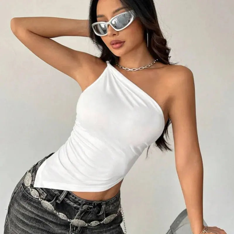 2025 nueva camiseta informal de moda para mujer Color sólido un solo hombro asimétrico ajustado Top cuello de una sola pieza - SYN PERU