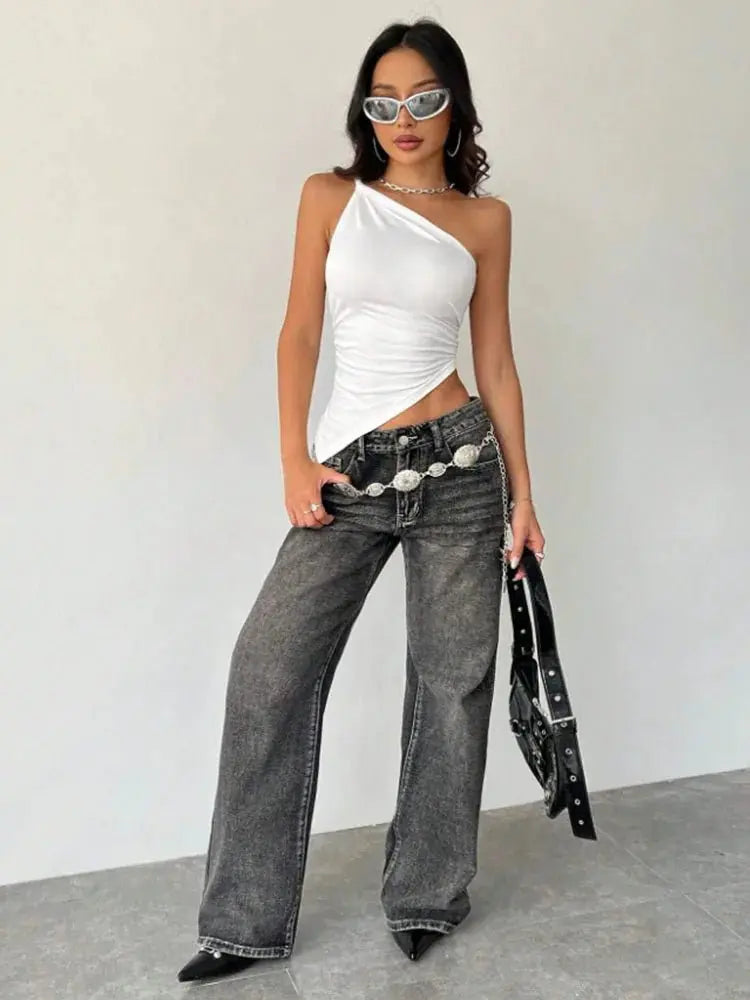 2025 nueva camiseta informal de moda para mujer Color sólido un solo hombro asimétrico ajustado Top cuello de una sola pieza - SYN PERU