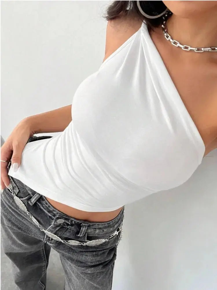 2025 nueva camiseta informal de moda para mujer Color sólido un solo hombro asimétrico ajustado Top cuello de una sola pieza - SYN PERU