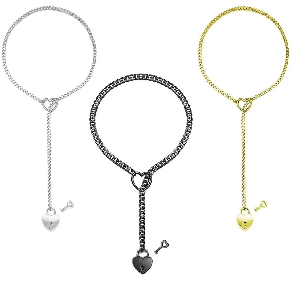 Adjustable Heart O - Ring Punk Rock Cuban Chain Necklace – Lariat Y - Style Necklace with Key & Heart Lock Pendant - SYN PERU