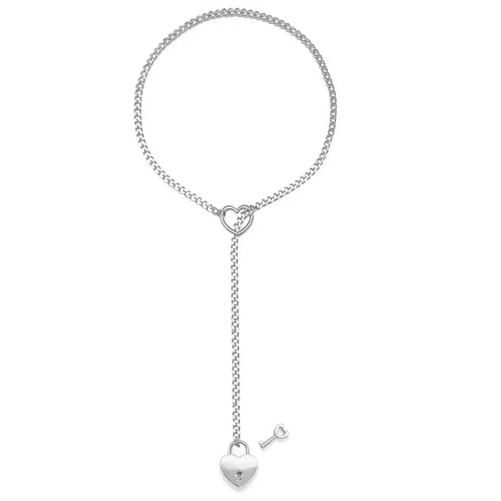 Adjustable Heart O - Ring Punk Rock Cuban Chain Necklace – Lariat Y - Style Necklace with Key & Heart Lock Pendant - SYN PERU