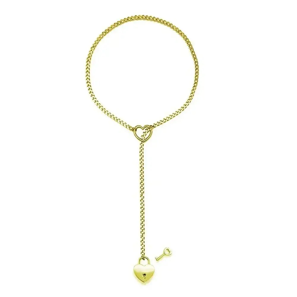 Adjustable Heart O - Ring Punk Rock Cuban Chain Necklace – Lariat Y - Style Necklace with Key & Heart Lock Pendant - SYN PERU