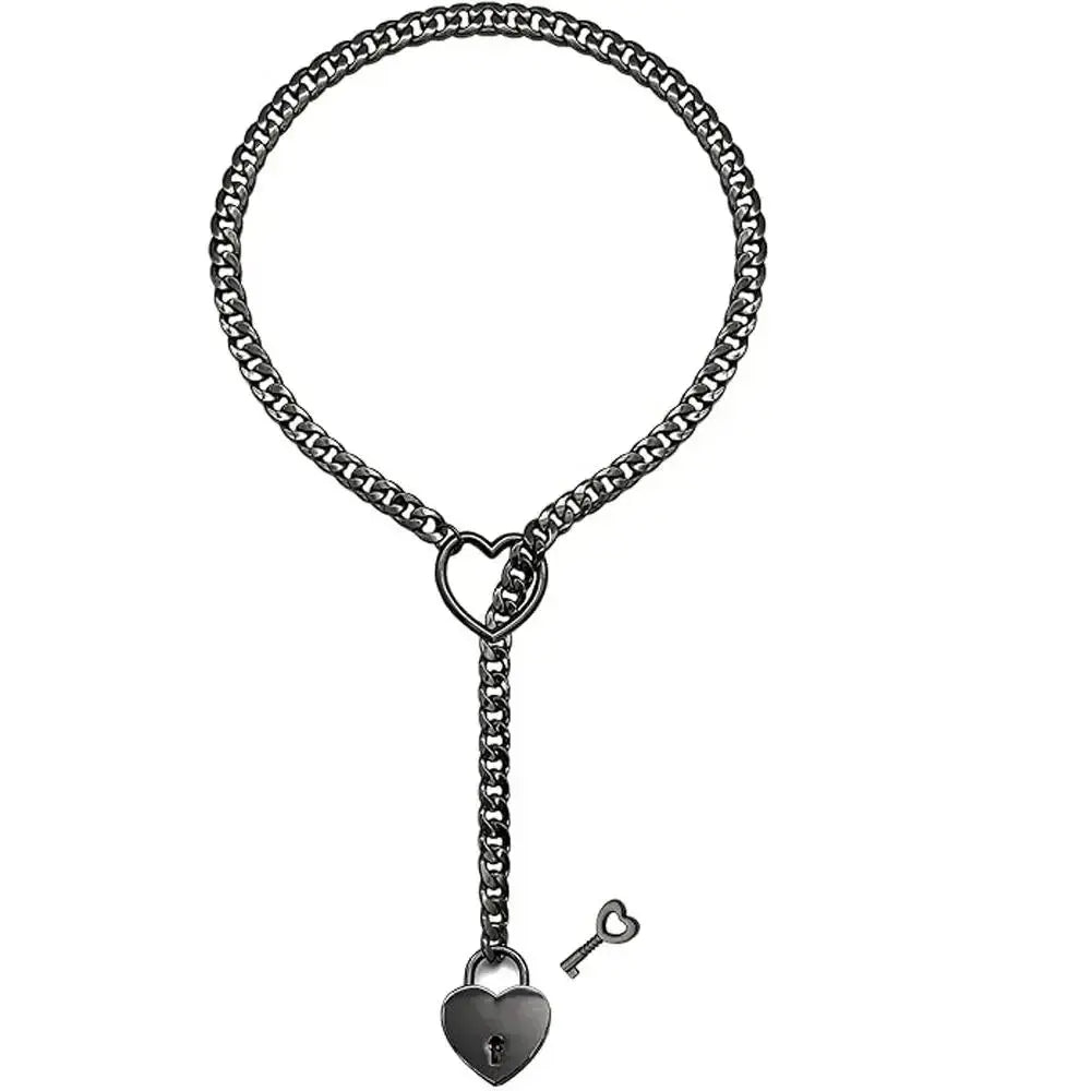 Adjustable Heart O - Ring Punk Rock Cuban Chain Necklace – Lariat Y - Style Necklace with Key & Heart Lock Pendant - SYN PERU