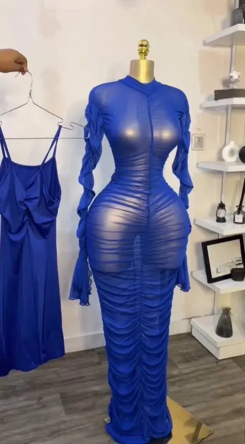 CM.YAYA mujeres acampanadas de manga larga apiladas de malla fruncida transparente con vestido sin mangas Maxi vestido largo 2025 cumpleaños vestidos de fiesta sexy - SYN PERU