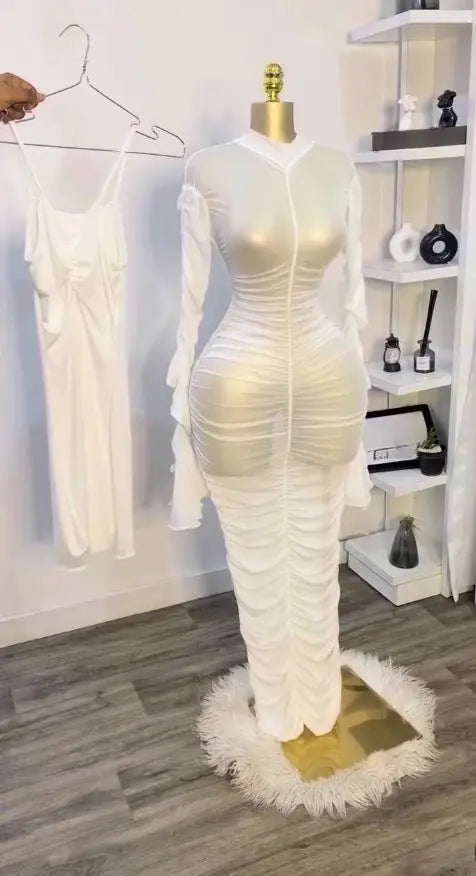 CM.YAYA mujeres acampanadas de manga larga apiladas de malla fruncida transparente con vestido sin mangas Maxi vestido largo 2025 cumpleaños vestidos de fiesta sexy - SYN PERU