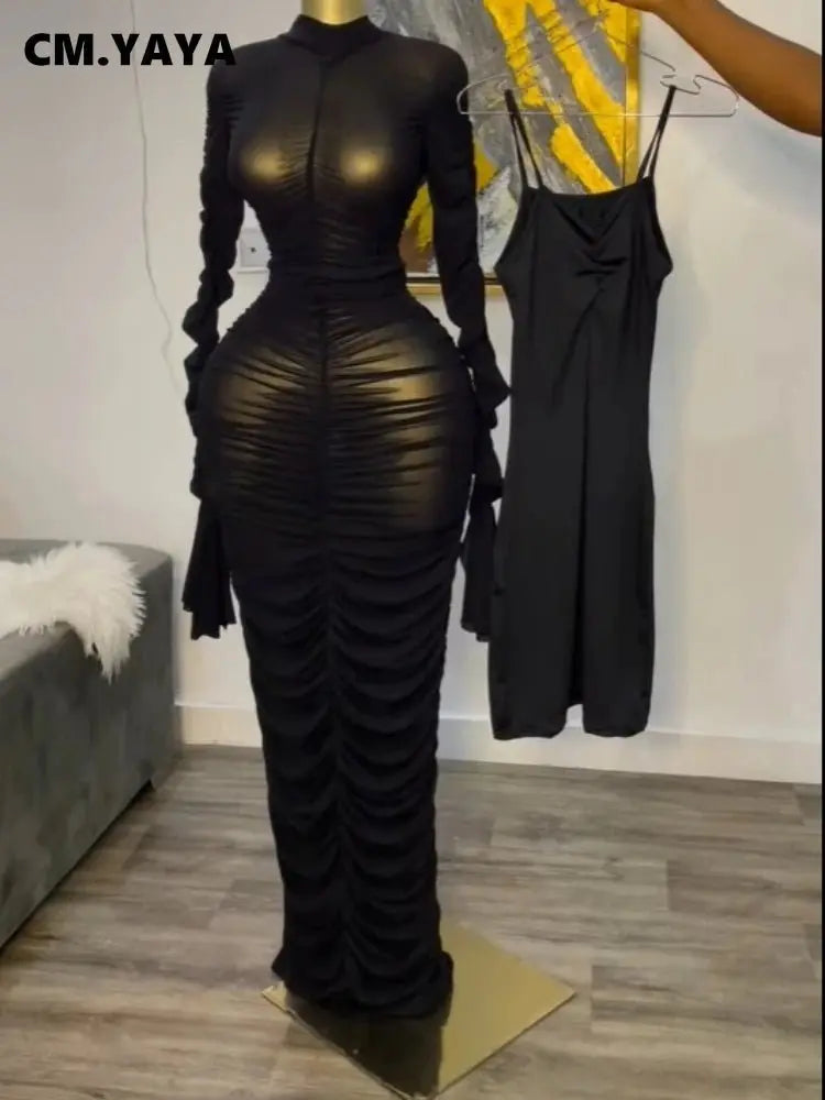 CM.YAYA mujeres acampanadas de manga larga apiladas de malla fruncida transparente con vestido sin mangas Maxi vestido largo 2025 cumpleaños vestidos de fiesta sexy - SYN PERU