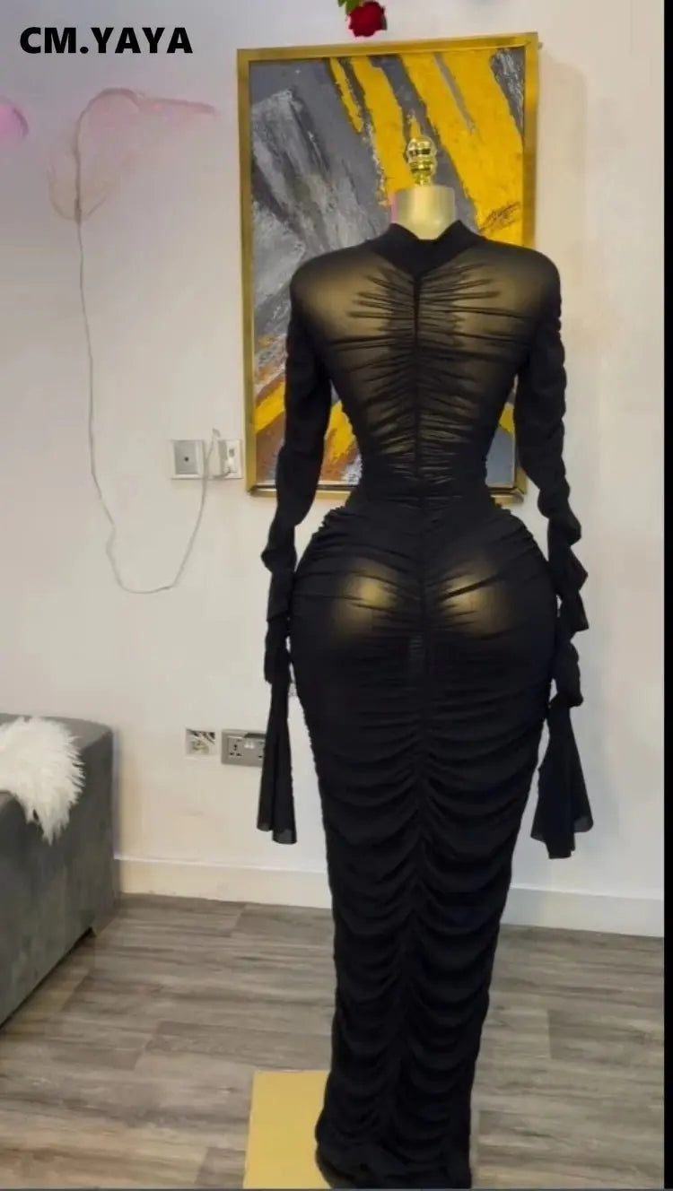 CM.YAYA mujeres acampanadas de manga larga apiladas de malla fruncida transparente con vestido sin mangas Maxi vestido largo 2025 cumpleaños vestidos de fiesta sexy - SYN PERU