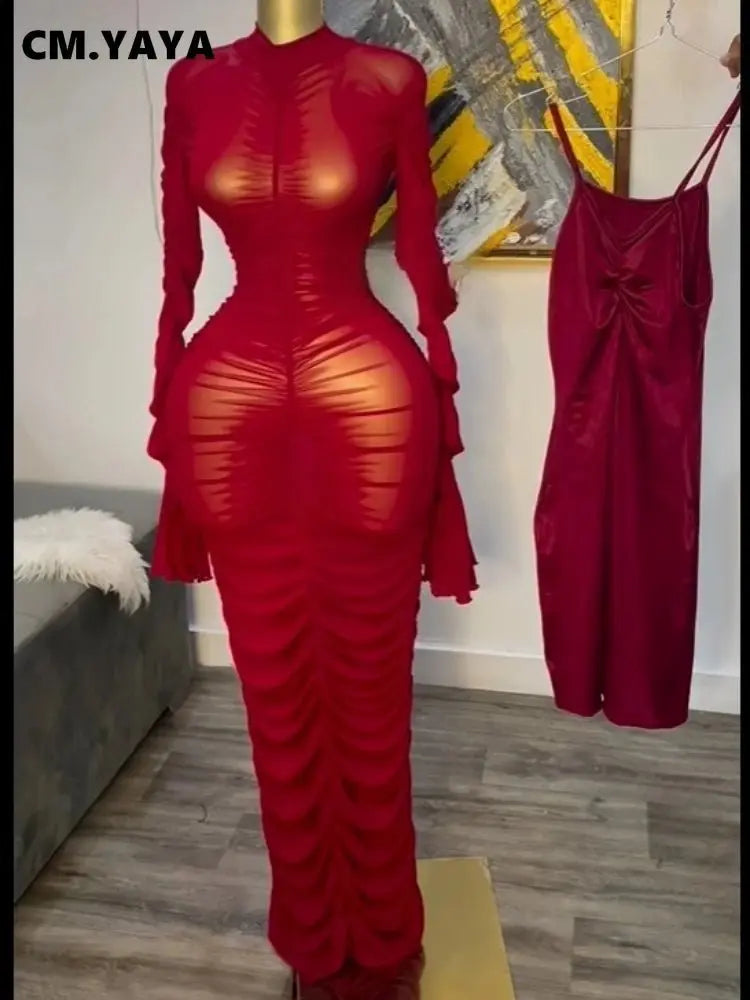CM.YAYA mujeres acampanadas de manga larga apiladas de malla fruncida transparente con vestido sin mangas Maxi vestido largo 2025 cumpleaños vestidos de fiesta sexy - SYN PERU