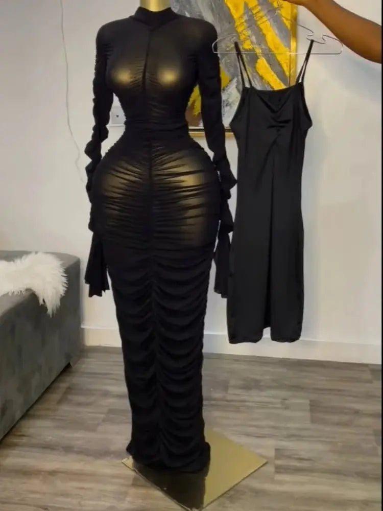 CM.YAYA mujeres acampanadas de manga larga apiladas de malla fruncida transparente con vestido sin mangas Maxi vestido largo 2025 cumpleaños vestidos de fiesta sexy - SYN PERU