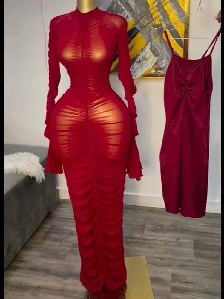 CM.YAYA mujeres acampanadas de manga larga apiladas de malla fruncida transparente con vestido sin mangas Maxi vestido largo 2025 cumpleaños vestidos de fiesta sexy - SYN PERU