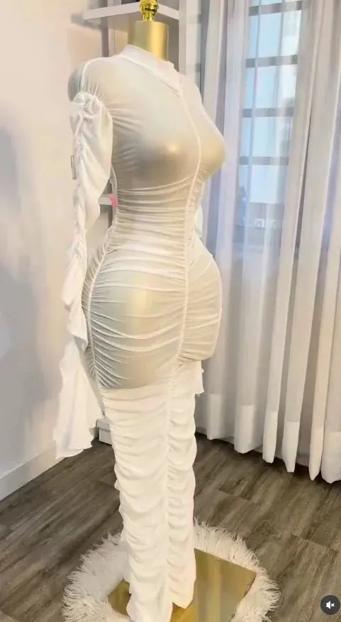 CM.YAYA mujeres acampanadas de manga larga apiladas de malla fruncida transparente con vestido sin mangas Maxi vestido largo 2025 cumpleaños vestidos de fiesta sexy - SYN PERU