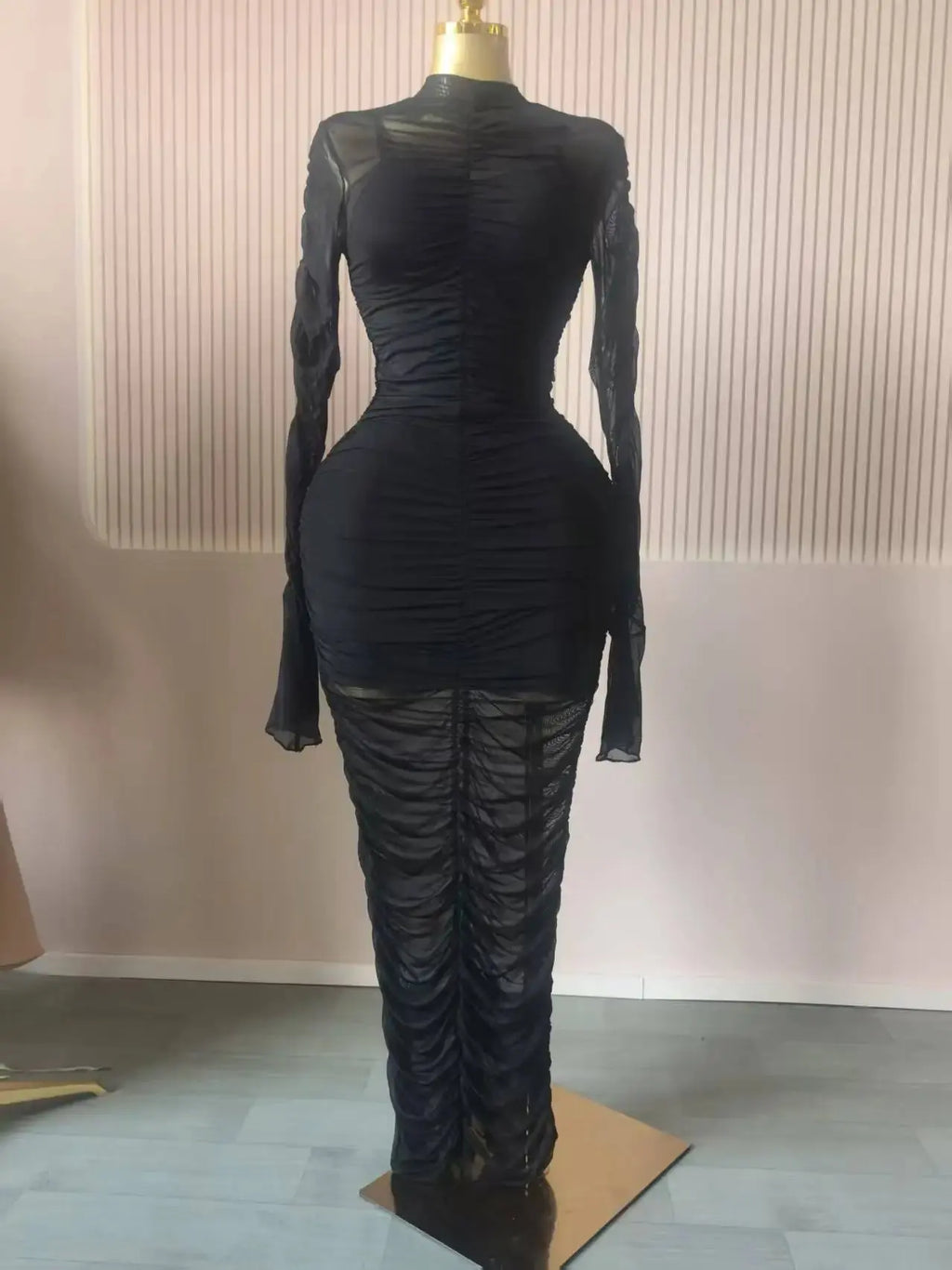 CM.YAYA mujeres acampanadas de manga larga apiladas de malla fruncida transparente con vestido sin mangas Maxi vestido largo 2025 cumpleaños vestidos de fiesta sexy - SYN PERU