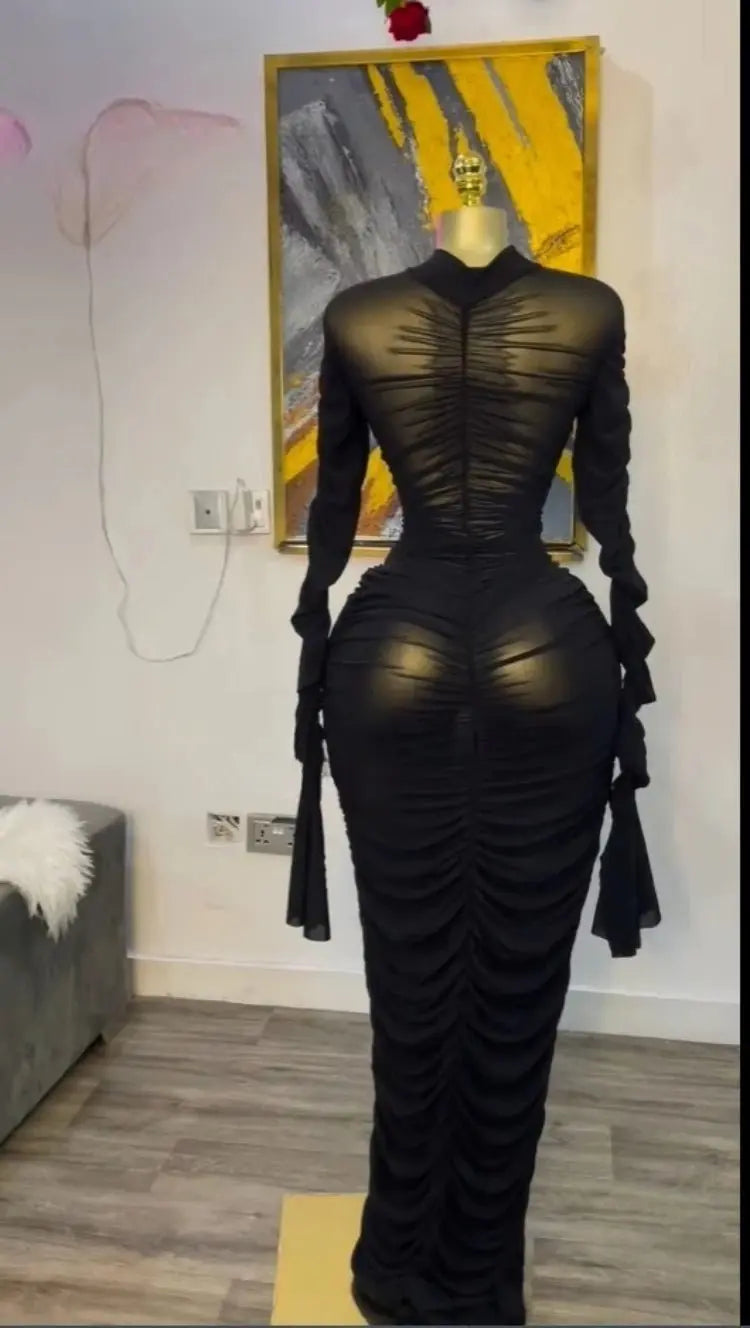 CM.YAYA mujeres acampanadas de manga larga apiladas de malla fruncida transparente con vestido sin mangas Maxi vestido largo 2025 cumpleaños vestidos de fiesta sexy - SYN PERU