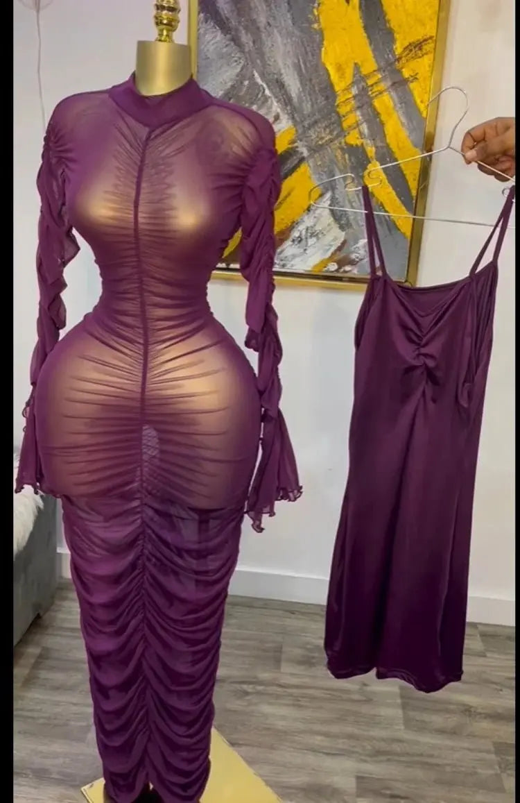 CM.YAYA mujeres acampanadas de manga larga apiladas de malla fruncida transparente con vestido sin mangas Maxi vestido largo 2025 cumpleaños vestidos de fiesta sexy - SYN PERU