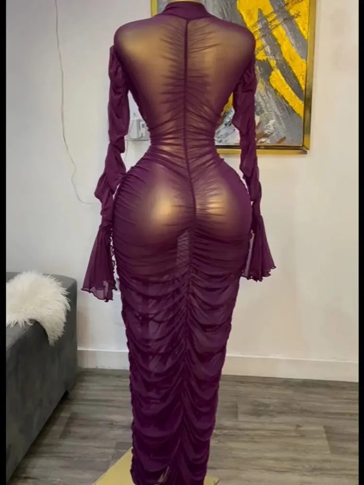 CM.YAYA mujeres acampanadas de manga larga apiladas de malla fruncida transparente con vestido sin mangas Maxi vestido largo 2025 cumpleaños vestidos de fiesta sexy - SYN PERU