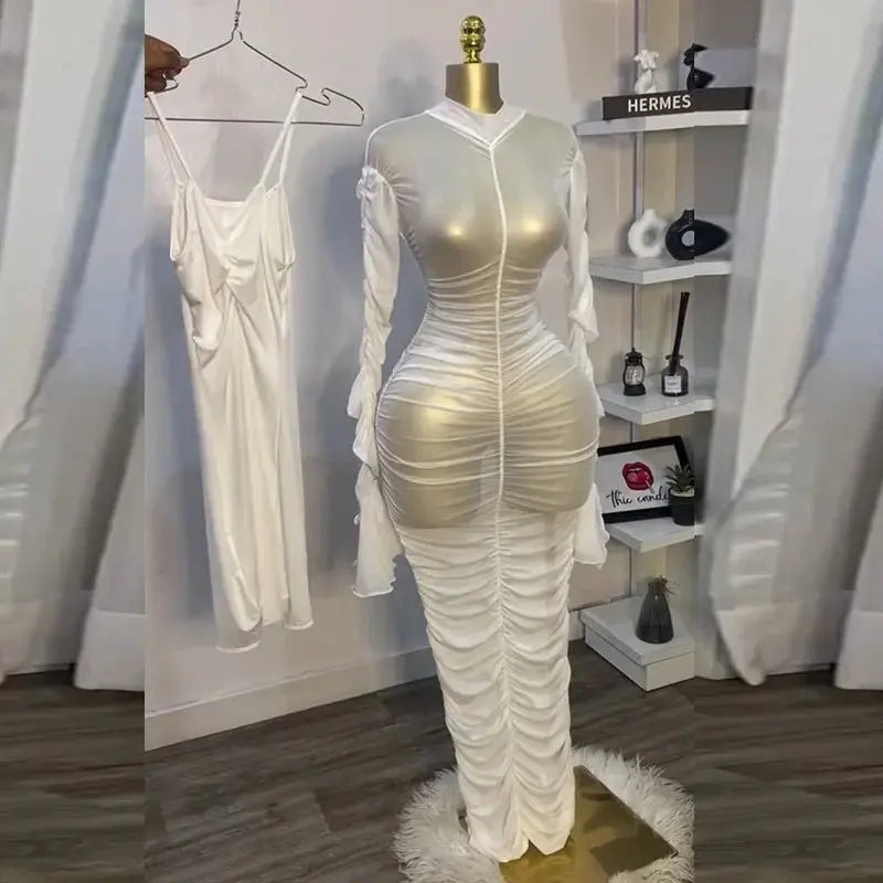 CM.YAYA mujeres acampanadas de manga larga apiladas de malla fruncida transparente con vestido sin mangas Maxi vestido largo 2025 cumpleaños vestidos de fiesta sexy - SYN PERU