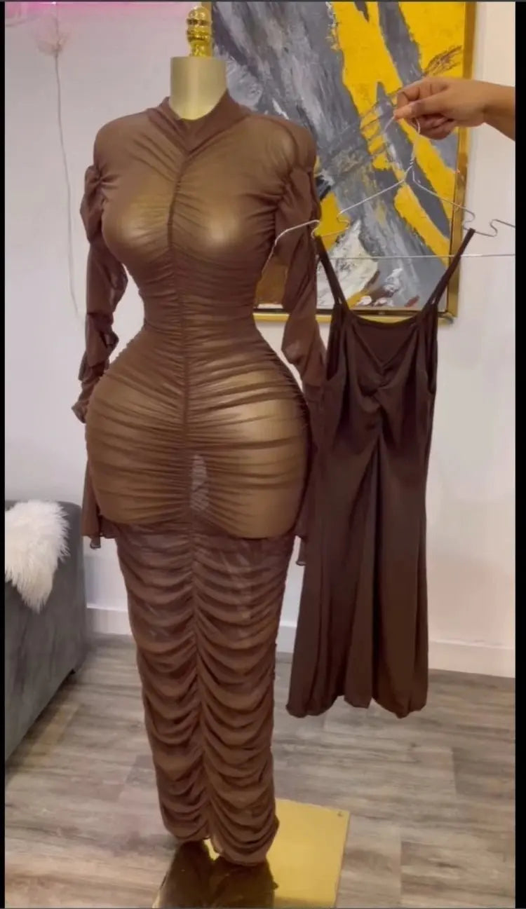 CM.YAYA mujeres acampanadas de manga larga apiladas de malla fruncida transparente con vestido sin mangas Maxi vestido largo 2025 cumpleaños vestidos de fiesta sexy - SYN PERU